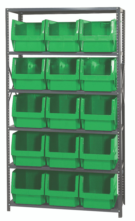 MSU-533GN Magnum Bin Steel Shelving, 42"W x 18"D x 75"H, includes: (6) shelves and (15) 19-3/4"L x 12-3/8"W x 11-7/8"H (QMS533) green bins, corrosion and rust resistant, Made in USA