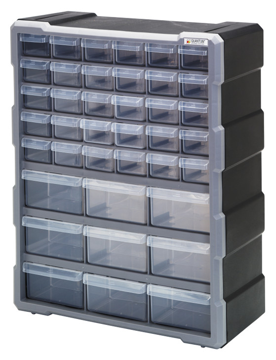 PDC-39BK Plastic Drawer Cabinet, 6-1/4"L x 15"W x 18-3/4"H, includes (30) 5-1/2"L x 2"W x 1-1/4"W and (9) 5-1/2"L x 4-1/4"W x 2"H, each drawer includes a divider, stable stacking and easy wall mounting