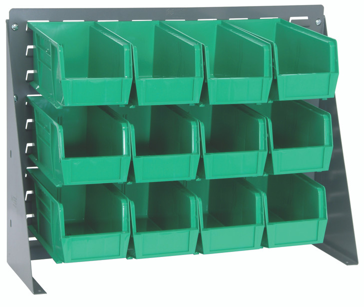 QBR-2721-230-12GN Bench Rack, 27-3/4"L x 8"W x 21"H, 16 gauge steel louvered model, includes: (12) 10-7/8"L x 5-1/2"W x 5"H green bins, gray enamel finish