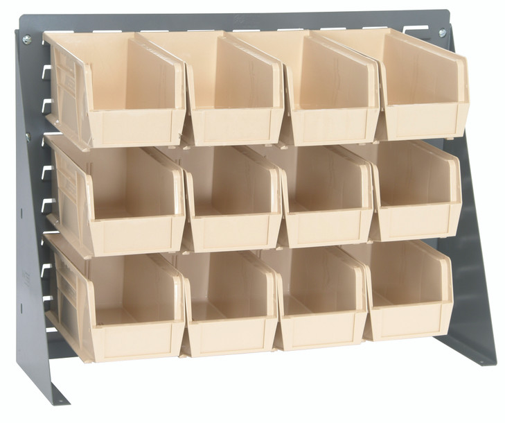 QBR-2721-230-12IV Bench Rack, 27-3/4"L x 8"W x 21"H, 16 gauge steel louvered model, includes: (12) 10-7/8"L x 5-1/2"W x 5"H ivory bins, gray enamel finish