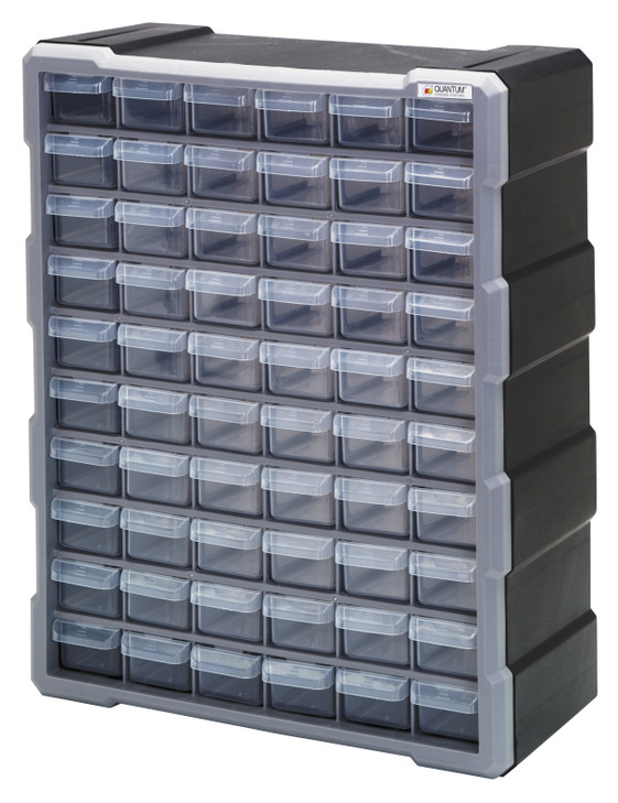 PDC-60BK Plastic Drawer Cabinet, 6-1/4"L x 15"W x 18-3/4"H, includes (60) 5-1/2"L x 2"W x 1-1/4"W, each drawer includes a divider, stable stacking and easy wall mounting
