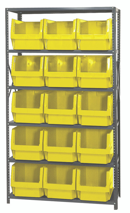 MSU-533YL Magnum Bin Steel Shelving, 42"W x 18"D x 75"H, includes: (6) shelves and (15) 19-3/4"L x 12-3/8"W x 11-7/8"H (QMS533) yellow bins, corrosion and rust resistant, Made in USA