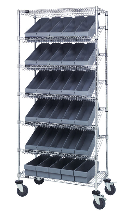 MWRS-7-602GY Bin Systems Unit, mobile, 36"L x 18"W x 80"H, includes: (4) posts, (2) flat wire shelves, (5) slanted wire shelves, (30) 17-5/8"L x 5-9/16"W x 4-5/8"H gray bins (QED602) & (4) 5" swivel polyurethane casters (2 with brakes)
