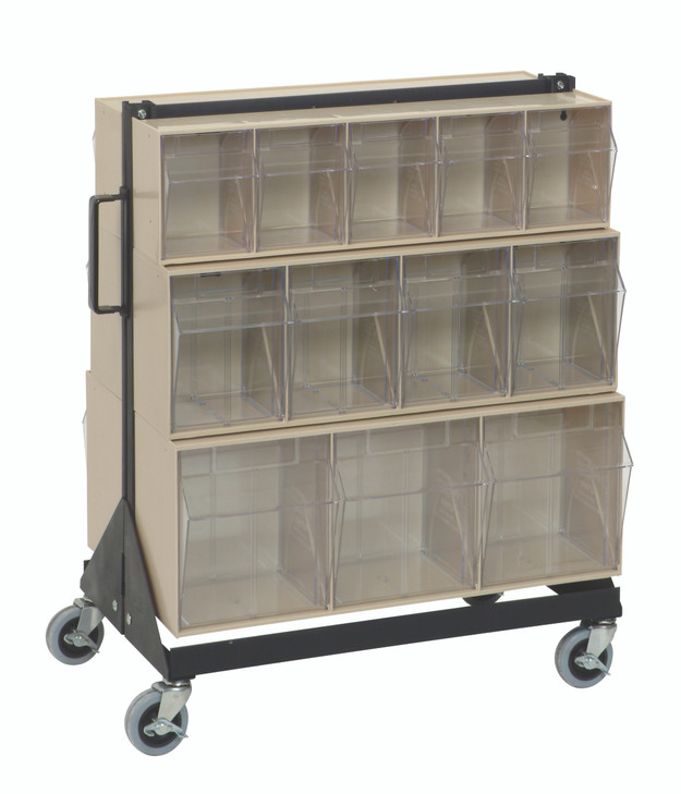 QFS224-24+QFS400IV Tip Out Bin Floor Stand, double sided, mobile, 20-1/4"D x 23-5/8"W x 31"H, 500 lbs. load capacity, includes: (2) QTB303, (2) QTB304, (2) QTB305 ivory bins and caster kit, 14 gauge steel, black coated finish