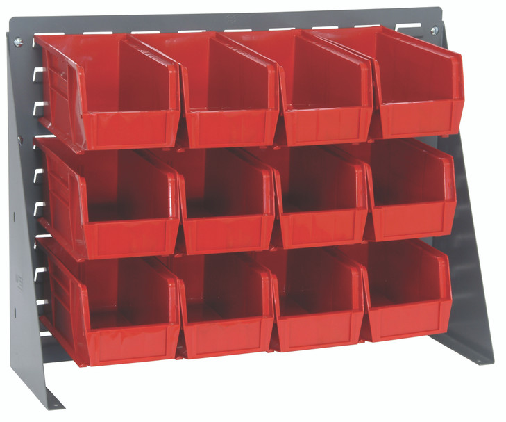 QBR-2721-230-12RD Bench Rack, 27-3/4"L x 8"W x 21"H, 16 gauge steel louvered model, includes: (12) 10-7/8"L x 5-1/2"W x 5"H red bins, gray enamel finish