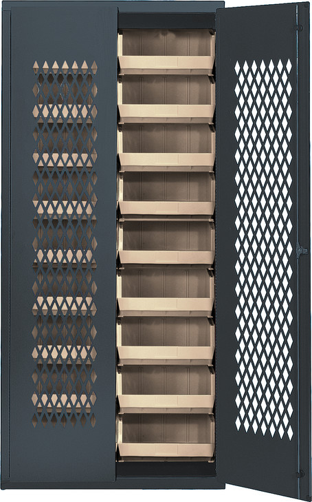 MESH-250IV Specialty Bin Cabinets, heavy-duty, mesh door model, 36"W x 18"D x 78"H, Includes: (18) 14-3/4"L x 16-1/2"W x 7"H (QUS250) ivory bin, 14-gauge all welded construction, gray finish, ships assembeled