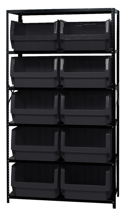 MSU-543BK Magnum Bin Steel Shelving, 42"W x 18"D x 75"H, includes: (6) shelves and (10) 19-3/4"L x 18-3/8"W x 11-7/8"H (QMS543) black bins, corrosion and rust resistant, Made in USA