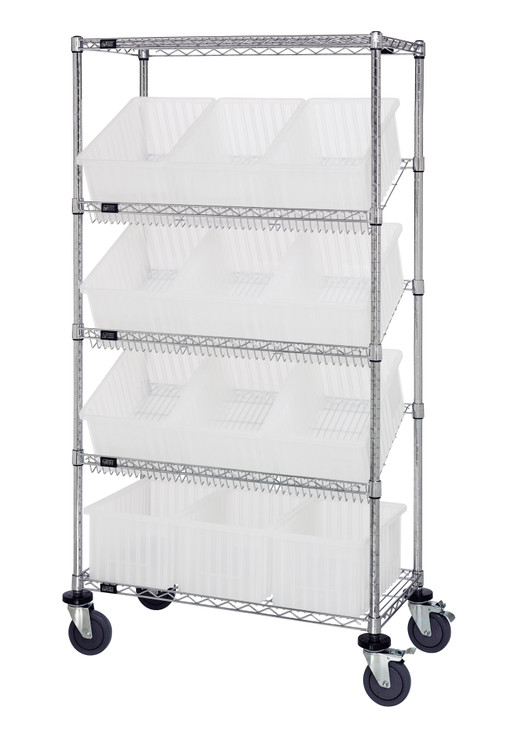 MWRS-5-92080CL Slanted Wire Shelving Cart 18"D x 36"W x 63"with 12 DG92080 Bins
