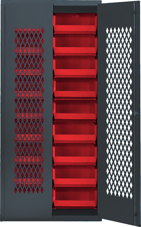 MESH-250RD Specialty Bin Cabinets, heavy-duty, mesh door model, 36"W x 18"D x 78"H, Includes: (18) 14-3/4"L x 16-1/2"W x 7"H (QUS250) red bin, 14-gauge all welded construction, gray finish, ships assembeled