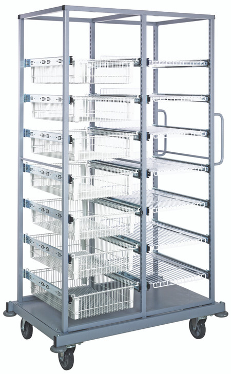 PS-DBC-7WB7SWT Partition Store Double Bay Cart with wire baskets and shelves, 44"W x 29-1/2"D x 74-1/2"H, includes: (7) 5" wire baskets, (7) shelves and (50) hanging label tags, white finish