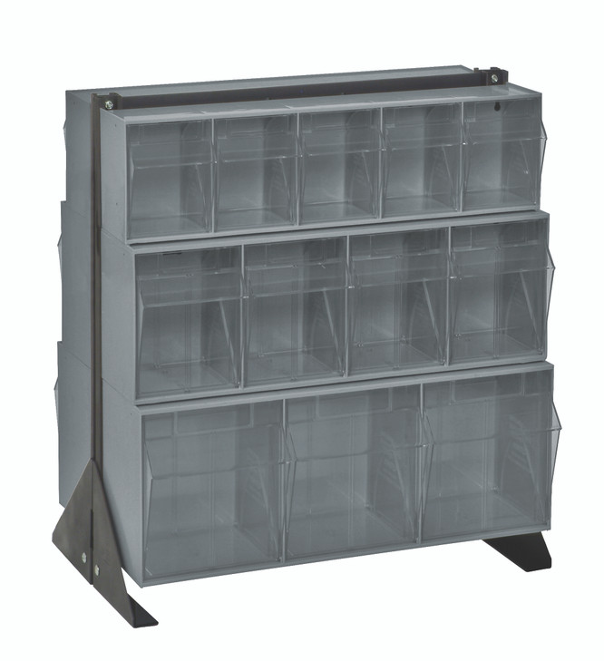 QFS224-24GY Tip Out Bin Floor Stand, double sided, 20-1/4"D x 23-5/8"W x 28"H, includes: (2) QTB303, (2) QTB304 and (2) QTB305 gray bins, 14 gauge steel, black coated finish