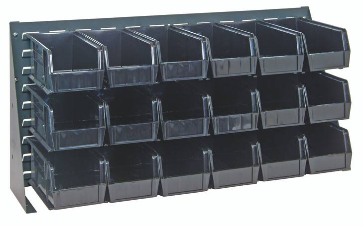 QBR-3619-230-18BK Bench Rack, 36"L x 8"W x 19"H, 16 gauge steel louvered model, includes: (18) 10-7/8"L x 5-1/2"W x 5"H black bins, gray enamel finish