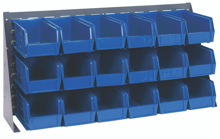 QBR-3619-230-18BL Bench Rack, 36"L x 8"W x 19"H, 16 gauge steel louvered model, includes: (18) 10-7/8"L x 5-1/2"W x 5"H blue bins, gray enamel finish