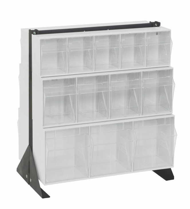 QFS224-24WT Tip Out Bin Floor Stand, double sided, 20-1/4"D x 23-5/8"W x 28"H, includes: (2) QTB303, (2) QTB304 and (2) QTB305 white bins, 14 gauge steel, black coated finish