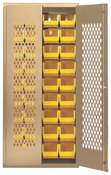 MESH-BG-240YL Specialty Bin Cabinets, heavy-duty, mesh door model, 36"W x 18"D x 78"H, Includes: (36) 14-3/4"L x 8-1/4"W x 7"H (QUS240) yellow bin, 14-gauge all welded construction, beige finish, ships assembeled