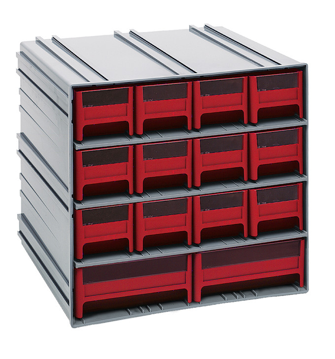 QIC-12123RD Interlocking Storage Cabinets, 11-3/8"D x 11-3/4"W x 11"H, includes: (12) IDR201 and (2) IDR203, windows and (2) dividers per drawer, cabinets interlock horizontally and vertically or can be mounted on wall, red drawers