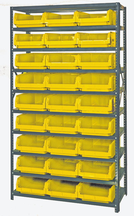 MSU-531YL Magnum Bin Steel Shelving, 42"W x 18"D x 75"H, includes: (10) shelves and (27) 19-3/4"L x 12-3/8"W x 5-7/8"H (QMS531) yellow bins, corrosion and rust resistant, Made in USA