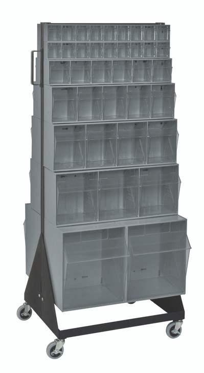 QFS248-76+QFS400GY Tip Out Bin Floor Stand, double sided, mobile, 20-1/4"D x 23-5/8"W x 55"H, 500 lbs. load capacity, includes: (2) QTB302, (2) QTB303, (2) QTB304, (2) QTB305, (2) QTB306, (4) QTB309 gray bins and caster kit, 14 gauge steel