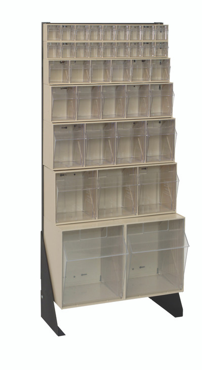 QFS148-38IV Tip Out Bin Floor Stand, single sided, 10"D x 23-5/8"W x 52"H, includes: (1) QTB302, (1) QTB303, (1) QTB304, (1) QTB305, (1) QTB306 and (2) QTB309 ivory bins, 14 gauge steel, black coated finish