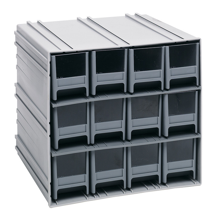 QIC-122GY Interlocking Storage Cabinets, 11-3/8"D x 11-3/4"W x 11"H, includes: (12) IDR202, windows and (2) dividers per drawer, cabinets interlock horizontally and vertically or can be mounted on wall, gray drawers