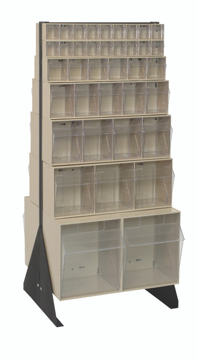 QFS248-76IV Tip Out Bin Floor Stand, double sided, 20-1/4"D x 23-5/8"W x 52"H, includes: (2) QTB302, (2) QTB303, (2) QTB304, (2) QTB305, (2) QTB306 and (4) QTB309 ivory bins, 14 gauge steel, black coated finish
