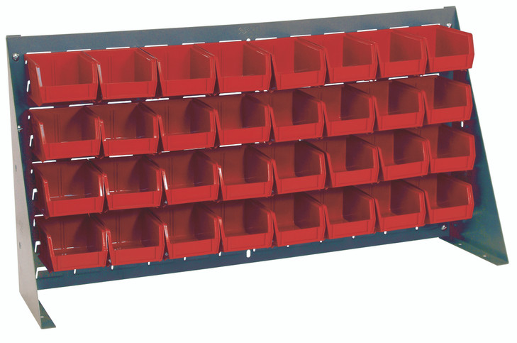 QBR-3619-210-32RD Bench Rack, 36"L x 8"W x 19"H, 16 gauge steel louvered model, includes: (32) 5-3/8"L x 4-1/8"W x 3"H red bins, gray enamel finish