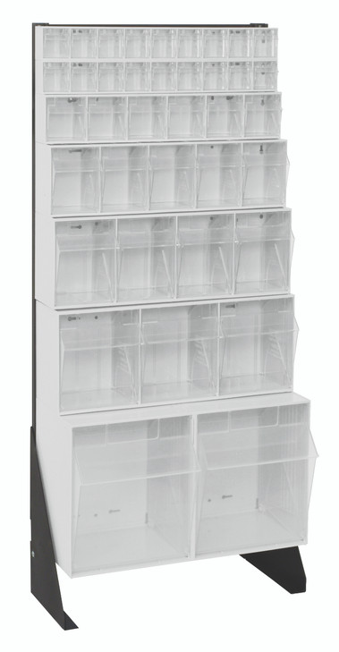 QFS148-38WT Tip Out Bin Floor Stand, single sided, 10"D x 23-5/8"W x 52"H, includes: (1) QTB302, (1) QTB303, (1) QTB304, (1) QTB305, (1) QTB306 and (2) QTB309 white bins, 14 gauge steel, black coated finish