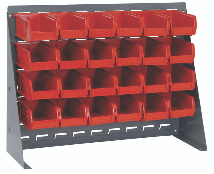 QBR-2721-220-24RD Bench Rack, 27-3/4"L x 8"W x 21"H, 16 gauge steel louvered model, includes: (24) 7-3/8"L x 4-1/8"W x 3"H red bins, gray enamel finish