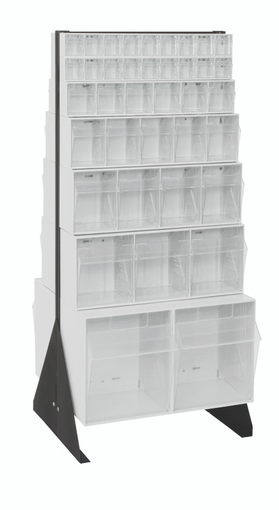 QFS248-76WT Tip Out Bin Floor Stand, double sided, 20-1/4"D x 23-5/8"W x 52"H, includes: (2) QTB302, (2) QTB303, (2) QTB304, (2) QTB305, (2) QTB306 and (4) QTB309 white bins, 14 gauge steel, black coated finish
