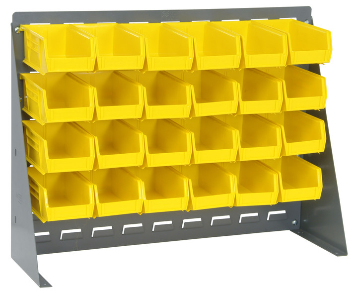 QBR-2721-220-24YL Bench Rack, 27-3/4"L x 8"W x 21"H, 16 gauge steel louvered model, includes: (24) 7-3/8"L x 4-1/8"W x 3"H yellow bins, gray enamel finish
