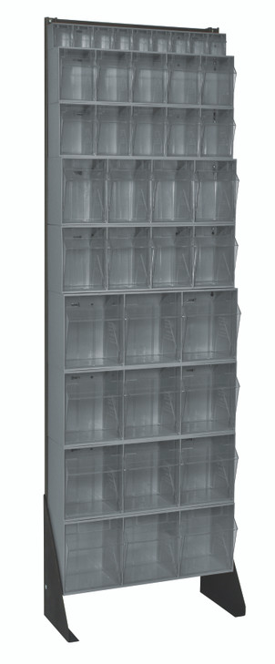 QFS170-36GY Tip Out Bin Floor Stand, single sided, 10"D x 23-5/8"W x 75"H, includes: (4) QTB303, (2) QTB304, (2) QTB305 and (1) QTB306 gray bins, 14 gauge steel, black coated finish