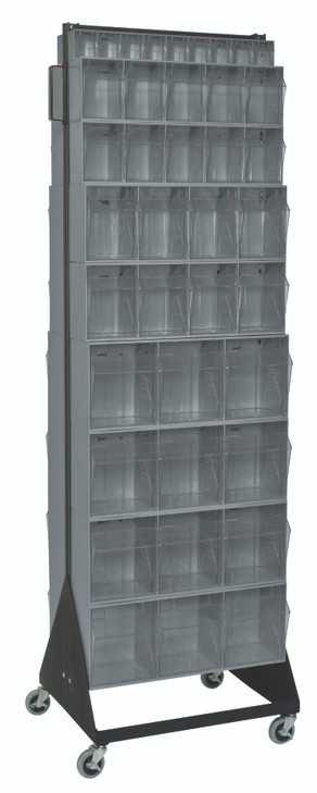 QFS270-72+QFS400GY Tip Out Bin Floor Stand, double sided, mobile, 20-1/4"D x 23-5/8"W x 78"H, 500 lbs. load capacity, includes: (8) QTB303, (4) QTB304, (4) QTB305, (2) QTB306 gray bins and mobile kit, 14 gauge steel, black coated finish