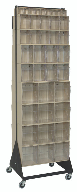 QFS270-72+QFS400IV Tip Out Bin Floor Stand, double sided, mobile, 20-1/4"D x 23-5/8"W x 78"H, 500 lbs. load capacity, includes: (8) QTB303, (4) QTB304, (4) QTB305, (2) QTB306 ivory bins and mobile kit, 14 gauge steel, black coated finish