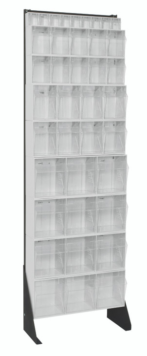 QFS170-36WT Tip Out Bin Floor Stand, single sided, 10"D x 23-5/8"W x 75"H, includes: (4) QTB303, (2) QTB304, (2) QTB305 and (1) QTB306 white bins, 14 gauge steel, black coated finish