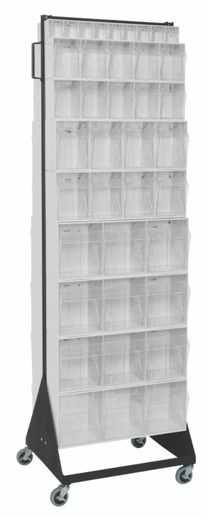 QFS270-72+QFS400WT Tip Out Bin Floor Stand, double sided, mobile, 20-1/4"D x 23-5/8"W x 78"H, 500 lbs. load capacity, includes: (8) QTB303, (4) QTB304, (4) QTB305, (2) QTB306 white bins and mobile kit, 14 gauge steel, black coated finish