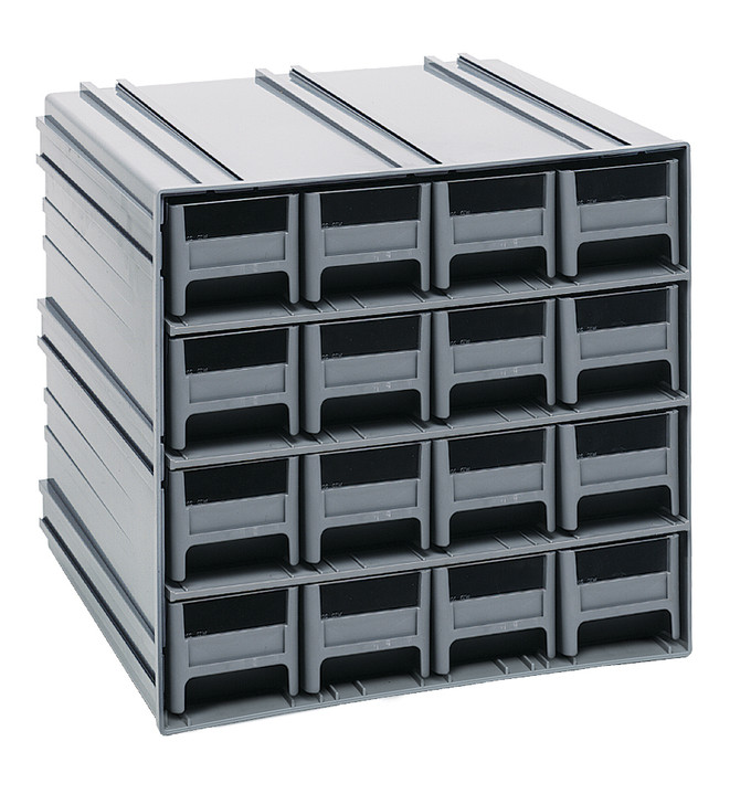 QIC-161GY Interlocking Storage Cabinets, 11-3/8"D x 11-3/4"W x 11"H, includes: (16) IDR201, windows and (2) dividers per drawer, cabinets interlock horizontally and vertically or can be mounted on wall, gray drawers