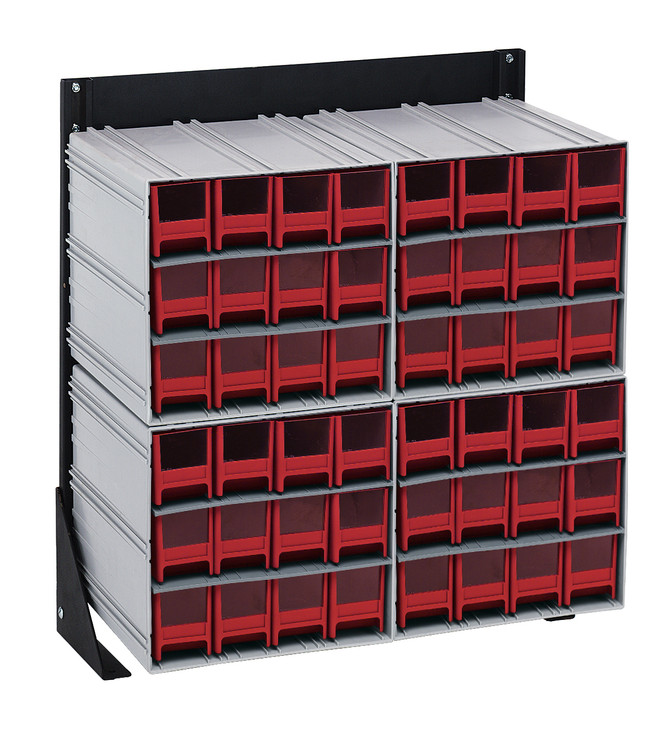 QIC-124-122RD Interlocking Storage Cabinets Floor Stand, single sided, 12"D x 23-5/8"W x 28"H, 300 lbs. load capacity, includes: (4) QIC-122, (48) red drawers, 14 gauge steel, black coated finish