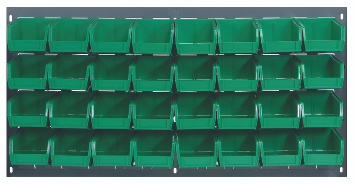 QLP-3619-210-32GN Louvered Panel, wall mounted, 36"L x 6"D x 19"H, includes: (32) QUS210, clear bins, heavy-duty 16 gauge cold rolled steel, gray enamel coated finish (mounting hardware not included)