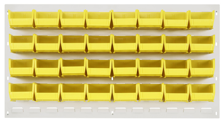 QLP-3619HC-220-32YL Louvered Panel, wall mounted, 36"L x 8"D x 19"H, includes: (32) QUS220, clear bins, heavy-duty 16 gauge cold rolled steel, oyster white enamel coated finish (mounting hardware not included)