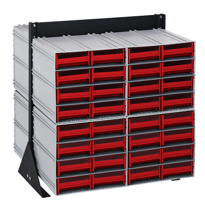 QIC-224-83RD Interlocking Storage Cabinets Floor Stand, double sided, 24"D x 23-5/8"W x 28"H, 750 lbs. load capacity, includes: (8) QIC-83, (64) red drawers, 14 gauge steel, black coated finish