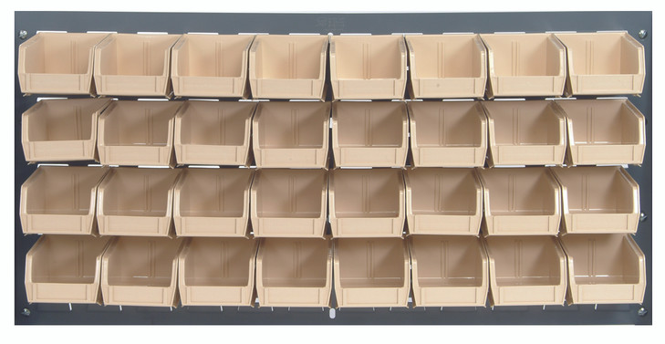 QLP-3619-210-32IV Louvered Panel, wall mounted, 36"L x 6"D x 19"H, includes: (32) QUS210, clear bins, heavy-duty 16 gauge cold rolled steel, gray enamel coated finish (mounting hardware not included)