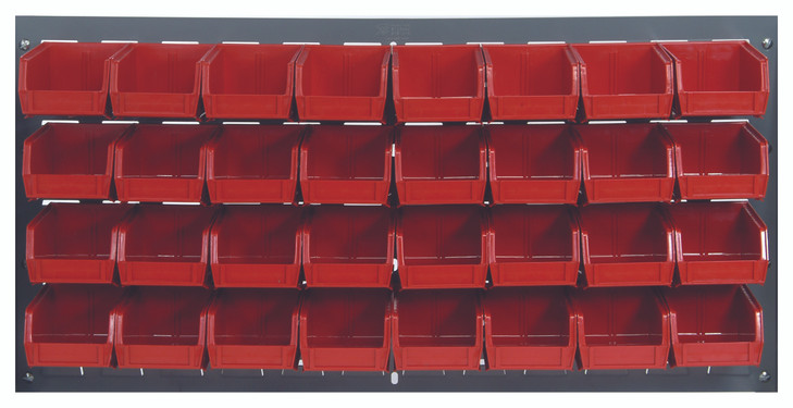 QLP-3619-210-32RD Louvered Panel, wall mounted, 36"L x 6"D x 19"H, includes: (32) QUS210, clear bins, heavy-duty 16 gauge cold rolled steel, gray enamel coated finish (mounting hardware not included)