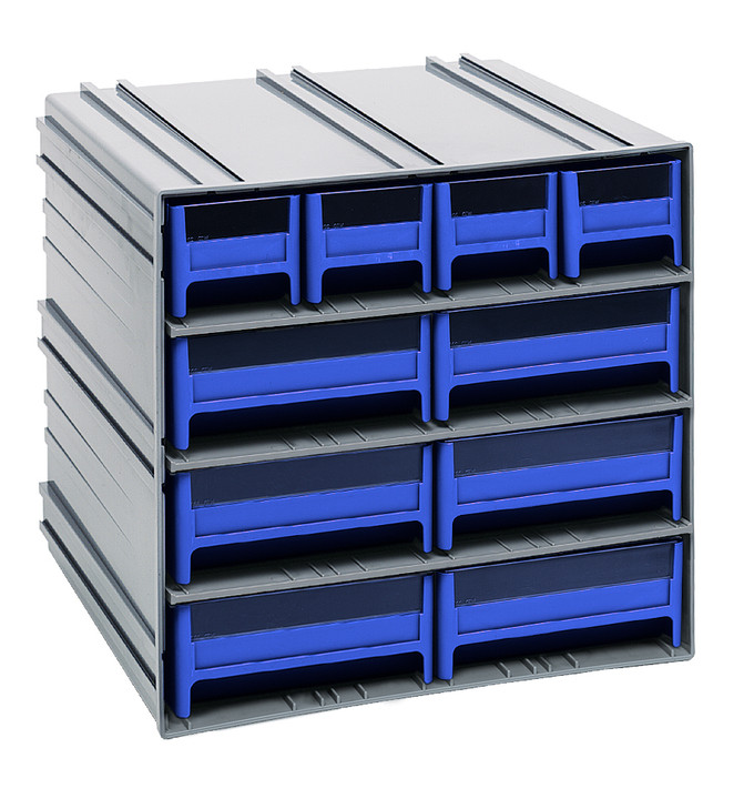 QIC-4163BL Interlocking Storage Cabinets, 11-3/8"D x 11-3/4"W x 11"H, includes: (4) IDR201 and (6) IDR203, windows and (2) dividers per drawer, cabinets interlock horizontally and vertically or can be mounted on wall, blue drawers