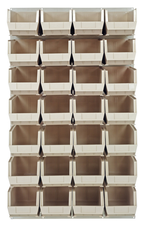 QLP-3661HC-240-28IV Louvered Panel, wall mounted, 36"L x 15"D x 61"H, includes: (28) QUS240, clear bins, heavy-duty 16 gauge cold rolled steel, oyster white enamel coated finish (mounting hardware not included)