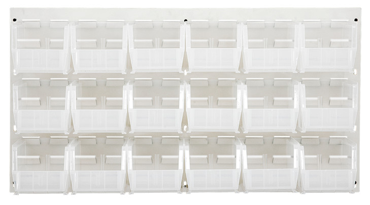 QLP-3619HC-230-18CL Louvered Panel, wall mounted, 36"L x 11"D x 19"H, includes: (18) QUS230, clear bins, heavy-duty 16 gauge cold rolled steel, oyster white enamel coated finish (mounting hardware not included)