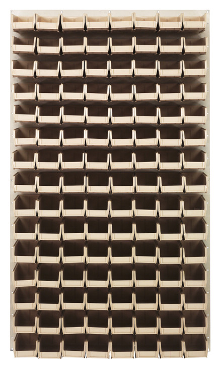 QLP-3661HC-220-120IV Louvered Panel, wall mounted, 36"L x 8"D x 61"H, includes: (120) QUS220, clear bins, heavy-duty 16 gauge cold rolled steel, oyster white enamel coated finish (mounting hardware not included)