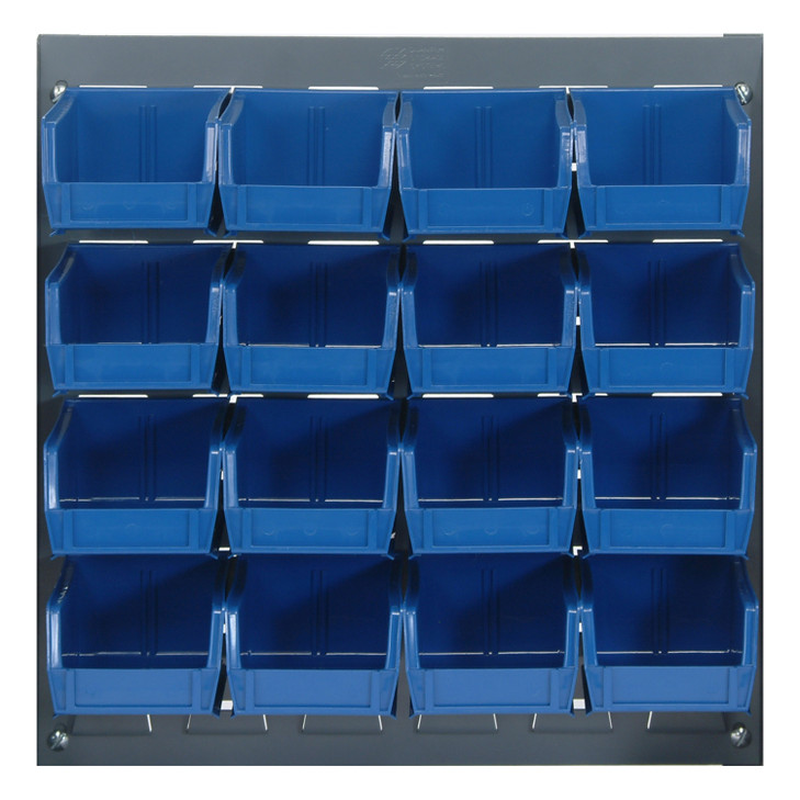 QLP-1819-220-16BL Louvered Panel, wall mounted, 18"L x 8"D x 19"H, includes: (16) QUS220, blue bins, heavy-duty 16 gauge cold rolled steel, gray enamel coated finish (mounting hardware not included)