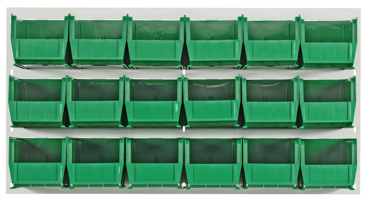 QLP-3619HC-230-18GN Louvered Panel, wall mounted, 36"L x 11"D x 19"H, includes: (18) QUS230, clear bins, heavy-duty 16 gauge cold rolled steel, oyster white enamel coated finish (mounting hardware not included)