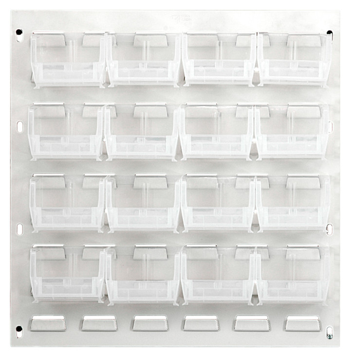 QLP-1819HC-210-16CL Louvered Panel, wall mounted, 18"L x 6"D x 19"H, includes: (16) QUS210, clear bins, heavy-duty 16 gauge cold rolled steel, oyster white enamel coated finish (mounting hardware not included)