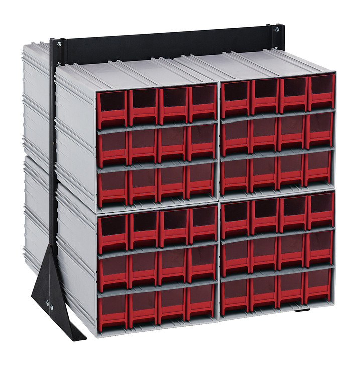 QIC-224-122RD Interlocking Storage Cabinets Floor Stand, double sided, 24"D x 23-5/8"W x 28"H, 750 lbs. load capacity, includes: (8) QIC-122, (96) red drawers, 14 gauge steel, black coated finish